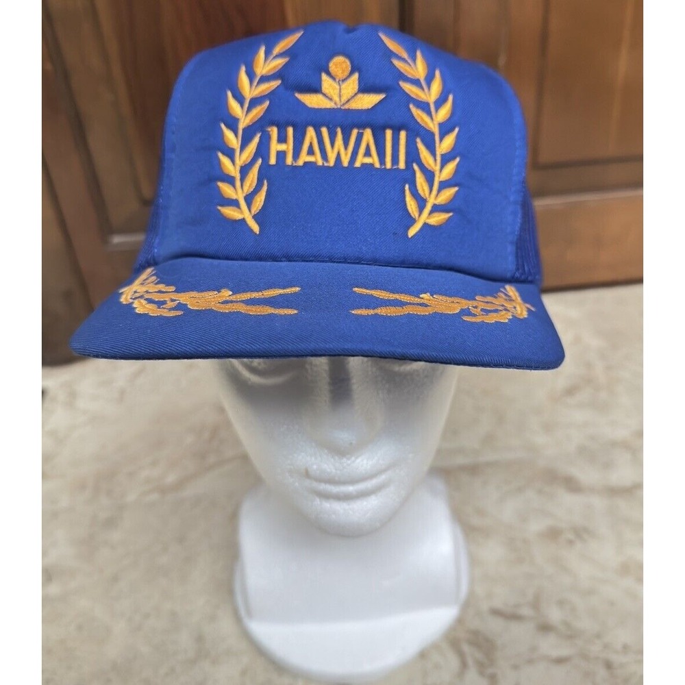 VTG Hawaii Blue Trucker Hat Foam Mesh Snapback Baseball Gold Leaf‎ Corded Cap